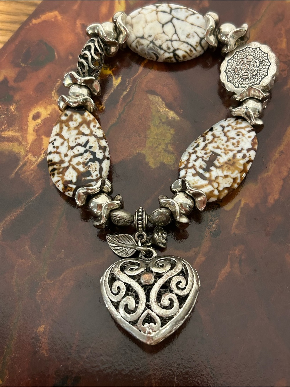 Silver Heart Pendant Bracelet with White and Brown Stone Beads - Women Jewelry